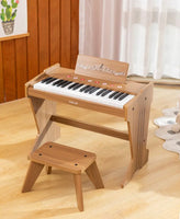 Piano electrónico de madera con banco para niños.